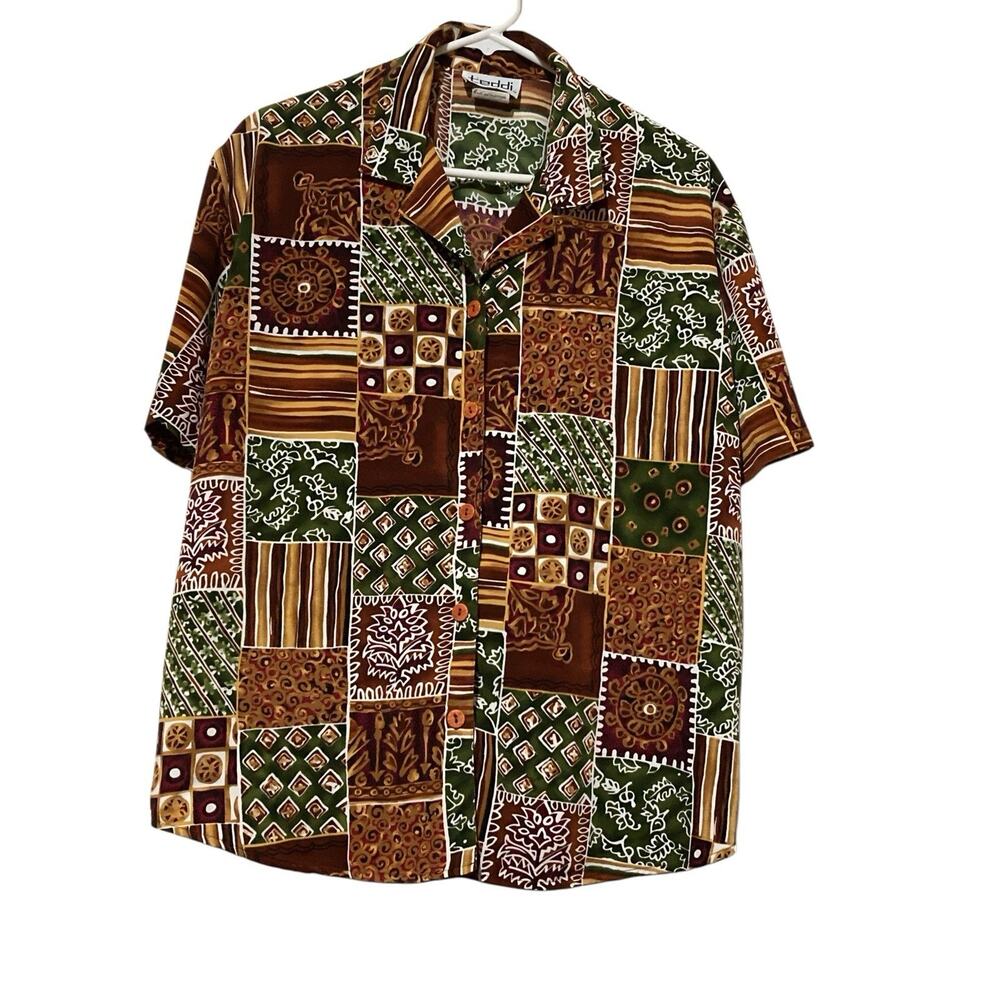 Vintage Teddi Womens Too Size Large Tribal Button Up Shirt Red Green Yellow